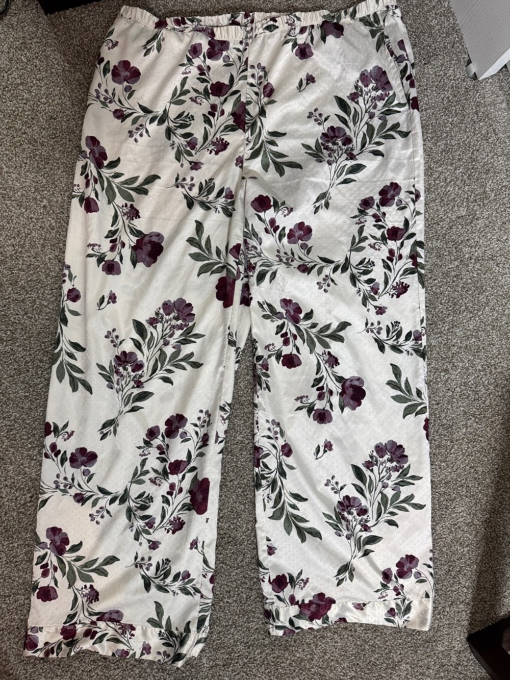Nordstrom White Satin Feel Pajama Pants with Purple Floral Print